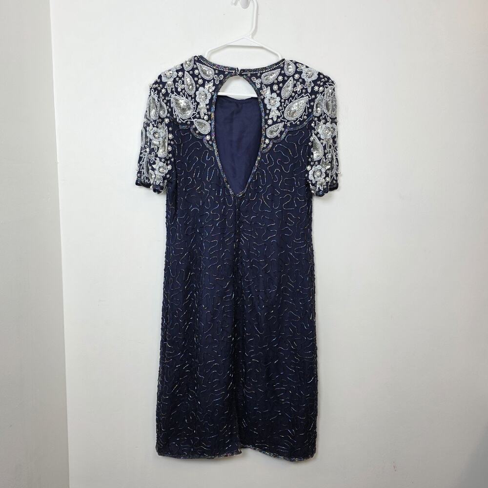 Laurence Kazar Navy Blue Beaded Sparkle Silk‎ Party Event Mini Dress Size Medium - Picture 5 of 7